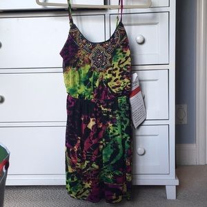 NWT bright patterned dress with beading neckline
